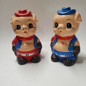 Vintage Oversized Pig Cowboy Salt and Pepper Shakers Handpainted Taiwan